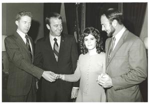 Carl Albert with astronauts Roosa, Alan B. Shepard, Edwin? Mitchell. Albert staff members Tamara Kitchens and Sue Thompson in photos 3728-2729 and 3733, 1950-01-01 - 1976-12-31