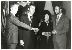 Carl Albert with astronauts Roosa, Alan B. Shepard, Edwin? Mitchell. Albert staff members Tamara Kitchens and Sue Thompson in photos 3728-2729 and 3733, 1950-01-01 - 1976-12-31