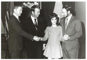 Carl Albert with astronauts Roosa, Alan B. Shepard, Edwin? Mitchell. Albert staff members Tamara Kitchens and Sue Thompson in photos 3728-2729 and 3733, 1950-01-01 - 1976-12-31