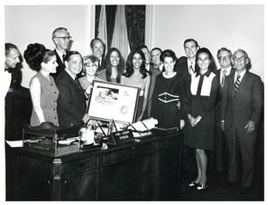 Carl Albert with astronauts Roosa, Alan B. Shepard, Edwin? Mitchell. Albert staff members Tamara Kitchens and Sue Thompson in photos 3728-2729 and 3733, 1950-01-01 - 1976-12-31