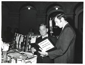 Carl Albert with unidentified man looking at the lunar rover., 1950-01-01 - 1976-12-31