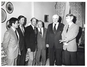 Five men in what appears to be Carl Albert&#39;s office., 1950-01-01 - 1976-12-31