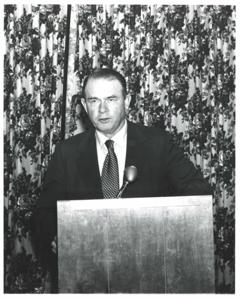 Carl Albert and Henry Bellmon with a group in McAlester, Oklahoma on Armed Forces Day. 1973, 1973-05-19