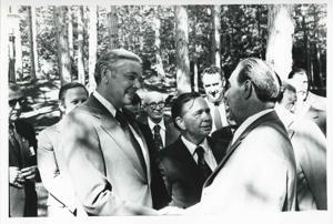 Carl Albert standing outside with Leonid Brezhnev and several others. Yalta. August 1975, 1975-08-04