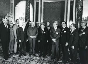 Carl Albert, Melvin Price, John Brademas, Edward Boland, Clement Zablocki, and Robert Michel, and others posing for a picture. House delegation trip to USSR, Romania, and Yugoslavia. August 1975, 1975-08-04