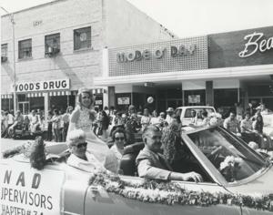 Carl Albert and two military officers in McAlester, Oklahoma on Armed Forces Day. 1974, 1974-05-18