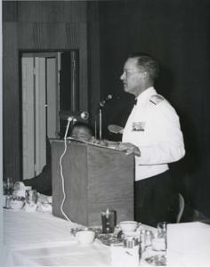 Carl Albert with military officers on a reviewing stand in McAlester, Oklahoma on Armed Forces Day. 1969, 1969-05-17