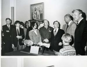 Apollo-Soyuz mission. Carl Albert at Soviet cosmonauts reception. October 22, 1975 Pictured are Tom Stafford, Alexei Leonov, and Valeri Kubasov., 1975-10-22