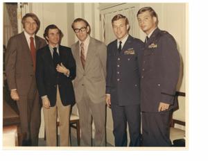 Carl Albert with 8-A&#39;s (Air Force organization). Robert L. F. Sikes is second from left. Celebrating Air Force 25th anniversary in Speaker&#39;s office.  Officer on right&#39;s last name is Drew., 1972-01-01 - 1972-12-31