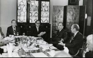 Gerald R. Ford, Carl Albert and Mike Mansfield shown at a bipartisan leadership breakfast on September 18, September 18, 1974, 1974-09-18