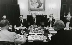 Gerald R. Ford, Carl Albert, John Rhodes, Hugh Scott, and Mike Mansfield shown at a bipartisan leadership breakfast on September 18, September 18, 1974, 1974-09-18