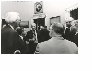 Gerald R. Ford, Carl Albert, John Rhodes, Hugh Scott, and Mike Mansfield shown at a bipartisan leadership breakfast on September 18, September 18, 1974, 1974-09-18