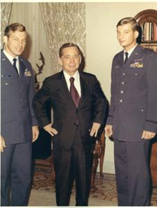 Carl Albert with two members of the Air Force&#39;s A-6 or A-8? in the Speaker&#39;s office., 1950-01-01 - 1976-12-31