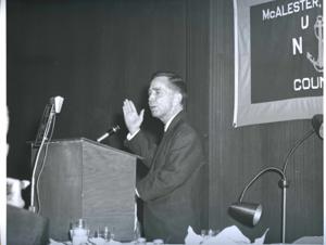 Banquet in McAlester, Oklahoma on Armed Forces Day. 1967 Carl Albert near speaker&#39;s stand., 1967-05-20
