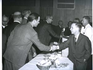Banquet in McAlester, Oklahoma on Armed Forces Day. 1967 Carl Albert on speaker&#39;s stand., 1967-05-20