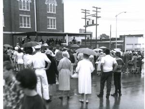 Banquet in McAlester, Oklahoma on Armed Forces Day. 1967 Carl Albert is shaking hands with unidentified man., 1967-05-20