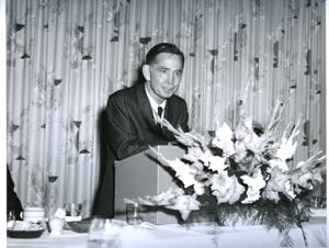 Carl Albert preparing to take the speaker&#39;s stand at a banquet in McAlester, Oklahoma on Armed Forces Day 1967, 1967-01-01 - 1967-12-31