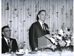Carl Albert speaking at a banquet in McAlester, Oklahoma on Armed Forces Day 1967, 1967-01-01 - 1967-12-31