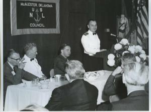 Carl Albert speaking at a banquet in McAlester, Oklahoma on Armed Forces Day. 1970, 1970-01-01 - 1970-12-31