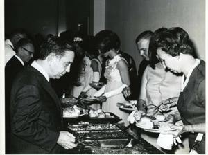 Carl Albert shown with a man wearing traditional Scottish clothing in McAlester, Oklahoma on Armed Forces Day. 1970, 1970-01-01 - 1970-12-31