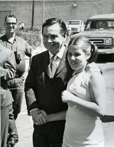 Carl Albert in a buffet line at a banquet in McAlester on Armed Forces Day. 1970, 1970-01-01 - 1970-12-31