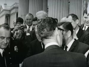 Carl Albert, Major Fisher and others shown. Major Fisher is a Medal of Honor recipient -- Vietnam in Albert&#39;s office., 1973-01-01 - 1973-12-31