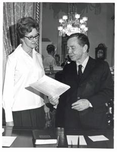 Carl Albert with Donald, Chris, and Maxine Yost family in the Speaker&#39;s office. 1972, 1972-01-01 - 1972-12-31