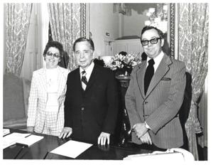 Carl Albert with the family of the 1975 Journal Spelling Bee winner, Kathy Baxter., 1975-01-01 - 1975-12-31