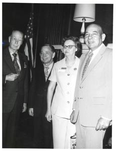 Carl Albert with Mr. and Mrs. Glen Burls of Durant, Oklahoma. May 20, 1975, 1975-05-20