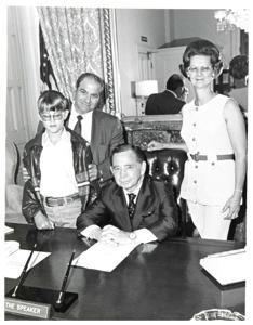 Carl Albert with Mr. and Mrs. Leonard Sherrer of Snow, Oklahoma., 1950-01-01 - 1976-12-31