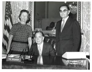 Carl Albert with Joyce Horton, congressional page. 1972, 1972-01-01 - 1972-12-31