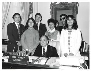 Carl Albert with Mr. and Mrs. Jim Pate, their daughter Marti, Mr. and Jack Dyer, their daughter Shannon, and Mr. and Mrs. D. Jo Ferguson. March 7, 1973, 1973-03-07