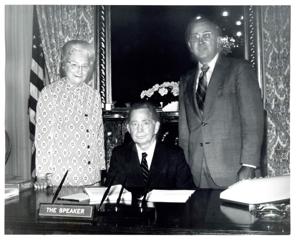 Carl Albert with Duke Tsoodle, Marland Aitson, and William Ross Nixon. April 17, 1973, 1973-04-17