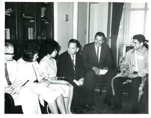 From left: Joe Gilder, Mrs. Paul Kelton, Anna Belle Lofever, Paul Kelton, Francis Newport, Carl Albert Mrs. Dayton Burnside, Mrs. Joe Elder, and Dayton Burnside., 1950-01-01 - 1976-12-31