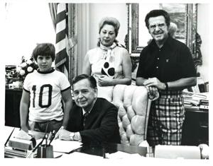 Carl Albert with Mr. and Mrs. Paul Byrd of Altus, Oklahoma. June 9, 1975, 1975-06-09