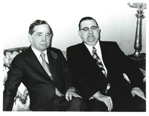 Carl Albert with Mr. and Mrs. Paul Carris of McAlester, Oklahoma. June 1975, 1975-06-01