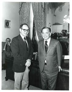 Carl Albert with Jessie Ward Irvin of Heavener, Oklahoma. October 21, 1975, 1975-10-21