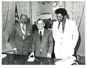 Carl Albert with Joe Johnson of Heavener, Oklahoma. May 1975, 1975-05-01