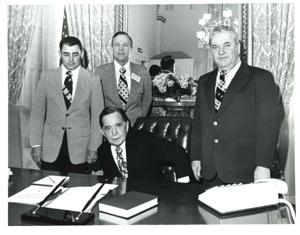 Carl Albert with Mayor Jones of Tatum, Oklahoma and Windell Simpson. December 1975, 1975-12-01