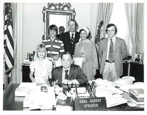 Carl Albert with Fred Jones, Edward Kitchens, and Leo Thurman. March 5, 1975, 1975-03-05