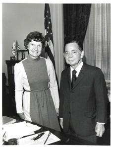 Carl Albert with the family of Robert S. Kerr, Jr. April 25, 1975, 1975-04-25