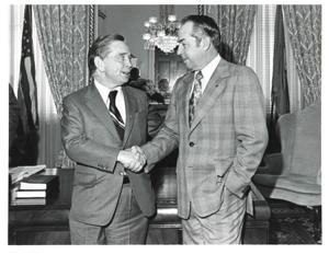 Ellis Freeny, John Dunn, Carl Albert, and Creede Speake. Representatives of the Oklahoma Cattlemen&#39;s Association. February 19, 1975, 1975-02-19
