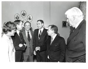 Carl Albert with Wes Watkins, ? Dahl, Joe Hall, and Frank Spagna. January 28, 1975, 1975-01-28
