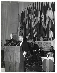 Mary Albert being recognized at the American Revolution Bicentennial Ball in Oklahoma. October 2, 1976. Also present: Dewey Bartlett and George Nigh., 1976-10-02