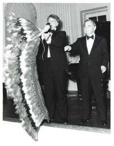 Carl Albert with his Indian headdress at the American Revolution Bicentennial Ball in Oklahoma. October 2, 1976, 1976-10-02