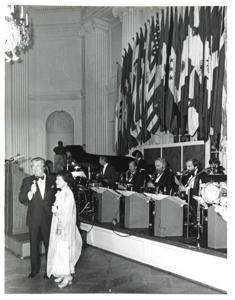 Carl Albert with Governor George Nigh at the American Revolution Bicentennial Ball in Oklahoma. October 2, 1976, 1976-10-02
