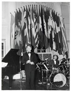 Carl Albert with a man (possibly the master of ceremonies) at the American Revolution Bicentennial Ball in Oklahoma. October 2, 1976, 1976-10-02