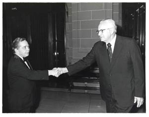 Carl Albert with two men at the American Revolution Bicentennial Ball in Oklahoma. October 2, 1976, 1976-10-02