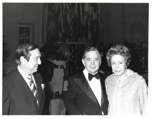 Carl Albert with guests at the American Revolution Bicentennial Ball in Oklahoma. October 2, 1976, 1976-10-02