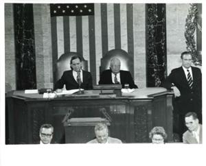 Gerald R. Ford speaking at a joint session of Congress. Carl Albert and James O. Eastland also shown. October 8, 1974, 1974-10-08